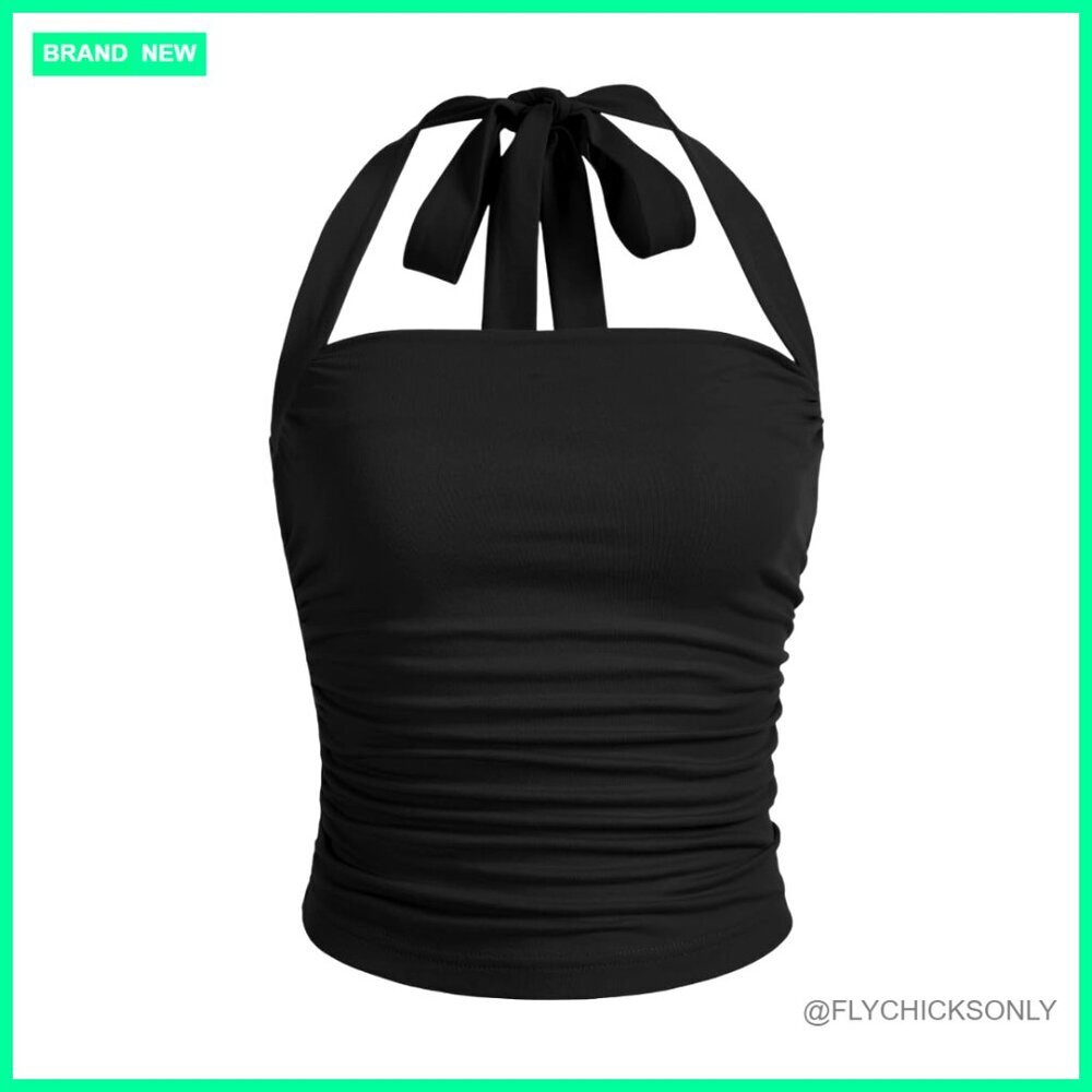 Ruched Halter Crop Top Tie Back Sleeveless Slim Fit Cami